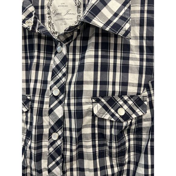 Guess Jeans BLUE/WHITE Checkered Pearl Snap Long Sleeve Shirt Women’s Sz L - Picture 2 of 11